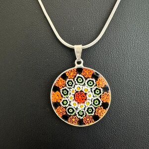 Vintage Sterling Silver 925 Italy AMV Murano Millefiori Glass Pendant Necklace